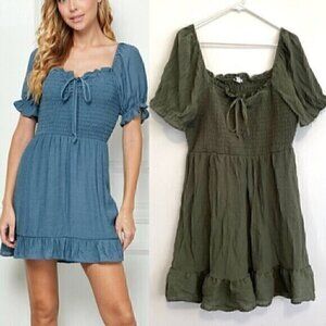 A.U.W AS U WISH Plus Size Puff Sleeve Smocked Ruffle Dress Olive Green Boho Mini